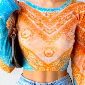 🧡 Free People Mesh Paisley Floral Ruched Cut Out Back Crop Top Size Small ✨
